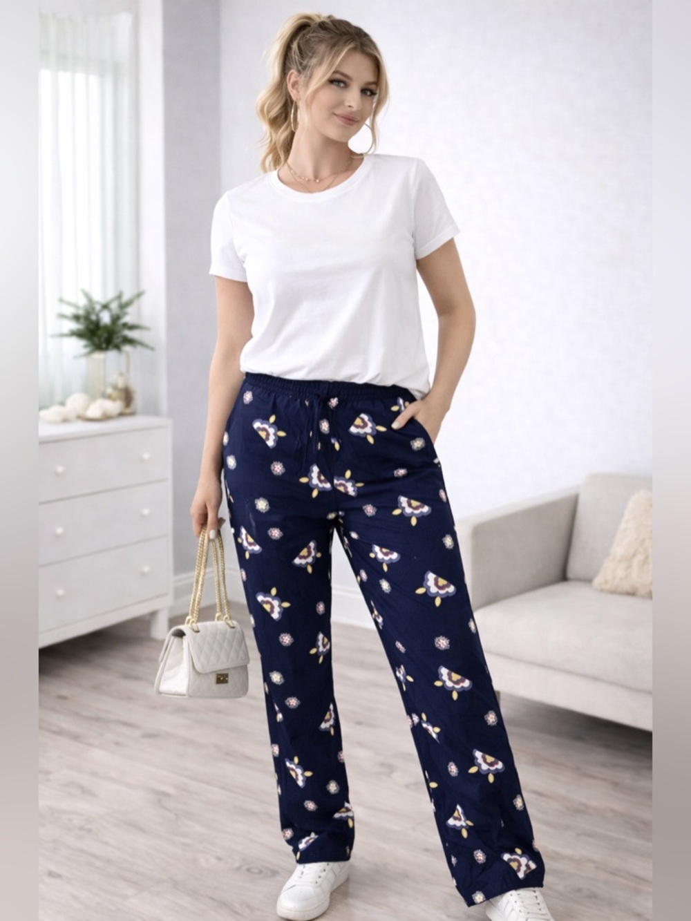 Relaxed Navy Floral Print Pajama Pants - Comfortable Everyday Lounge Pants